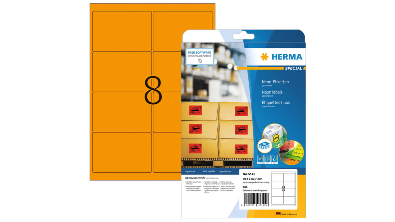Etiket HERMA 5145 99.1x67.7mm fluor oranje 160 stuks