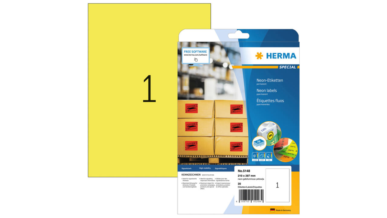 Etiket HERMA 5148 210x297mm A4 fluor geel 20 stuks
