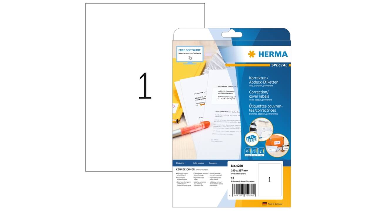 Etiket HERMA 4230 210x297mm A4 correctie wit 25 stuks