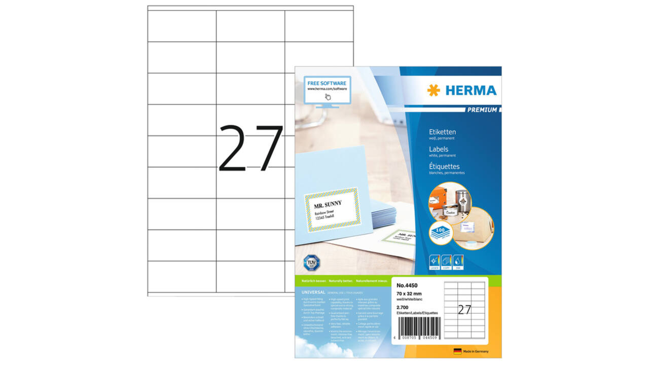 Etiket HERMA 4450 70x32mm premium wit 2700 stuks