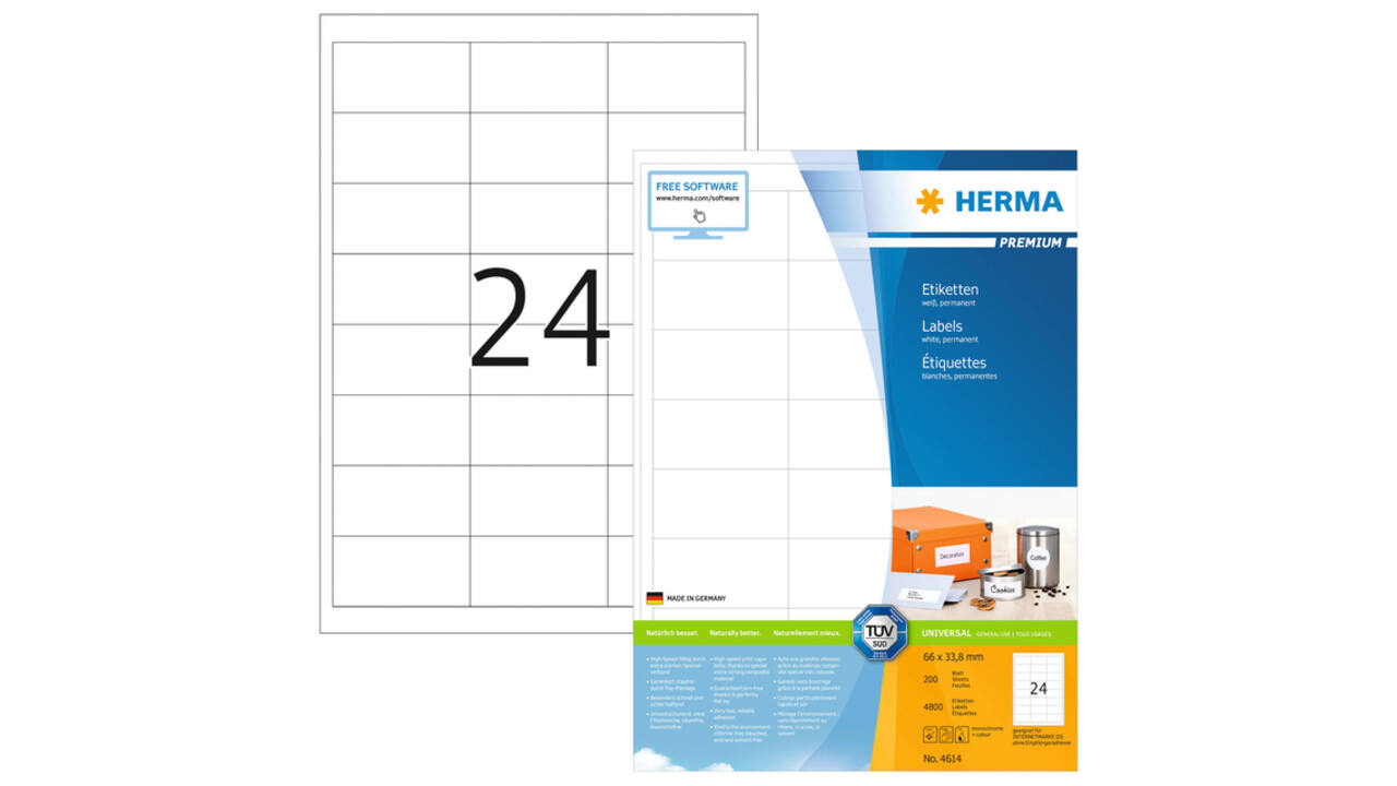 Etiket HERMA 4614 66x33.8mm premium wit 4800 stuks
