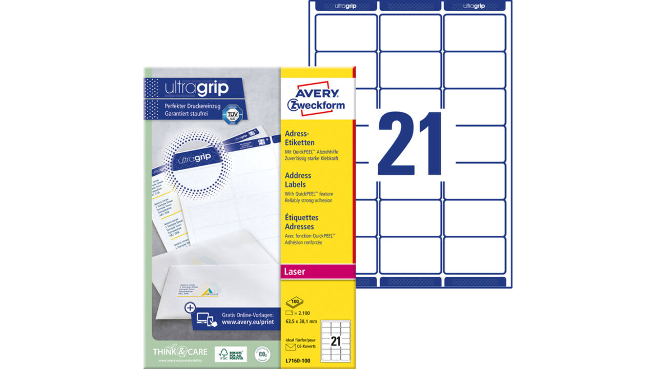 Etiket Avery L7160-100 63.5x38.1mm wit 2100 stuks