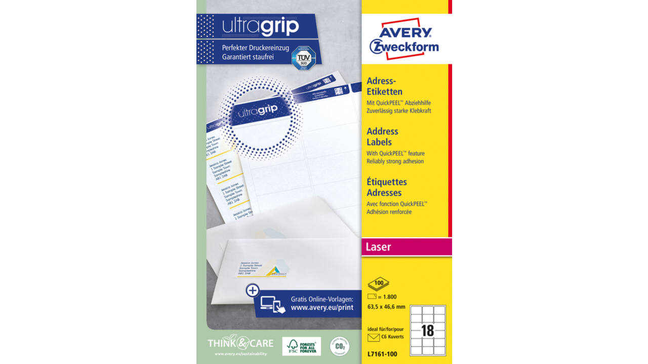 Etiket Avery L7161-100 63.5x46.6mm wit 1800 stuks
