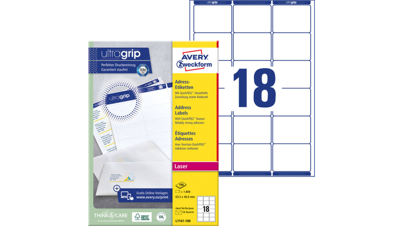 Etiket Avery L7161-100 63.5x46.6mm wit 1800 stuks