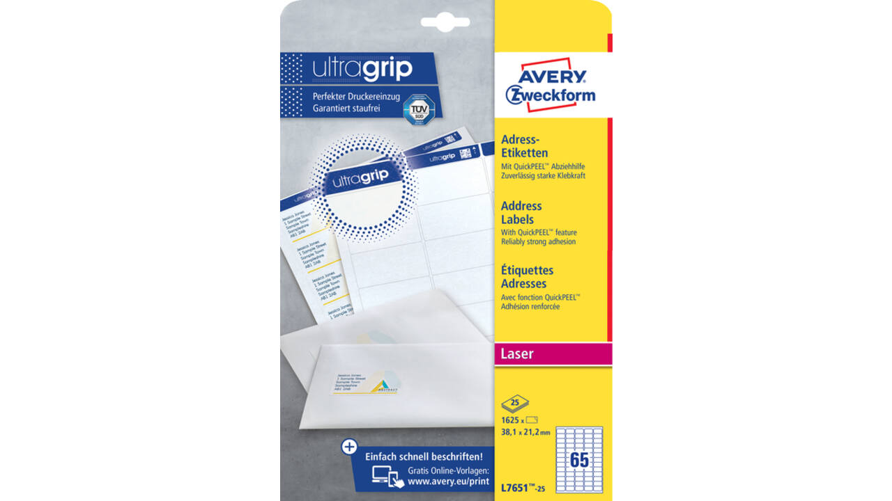 Etiket Avery L7651-25 38.1x21.2mm wit 1625 stuks