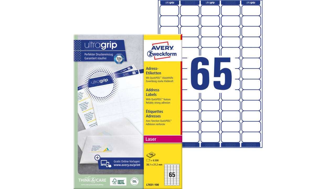 Etiket Avery L7651-100 38.1x21.2mm wit 6500 stuks