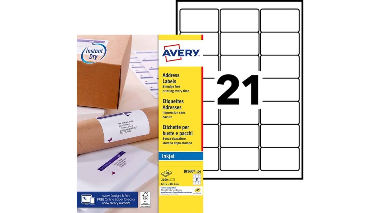 Etiket Avery J8160-100 63.5x38.1mm wit 2100 stuks