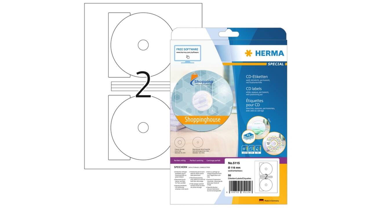 Etiket HERMA 5115 CD 116mm wit 50  stuks