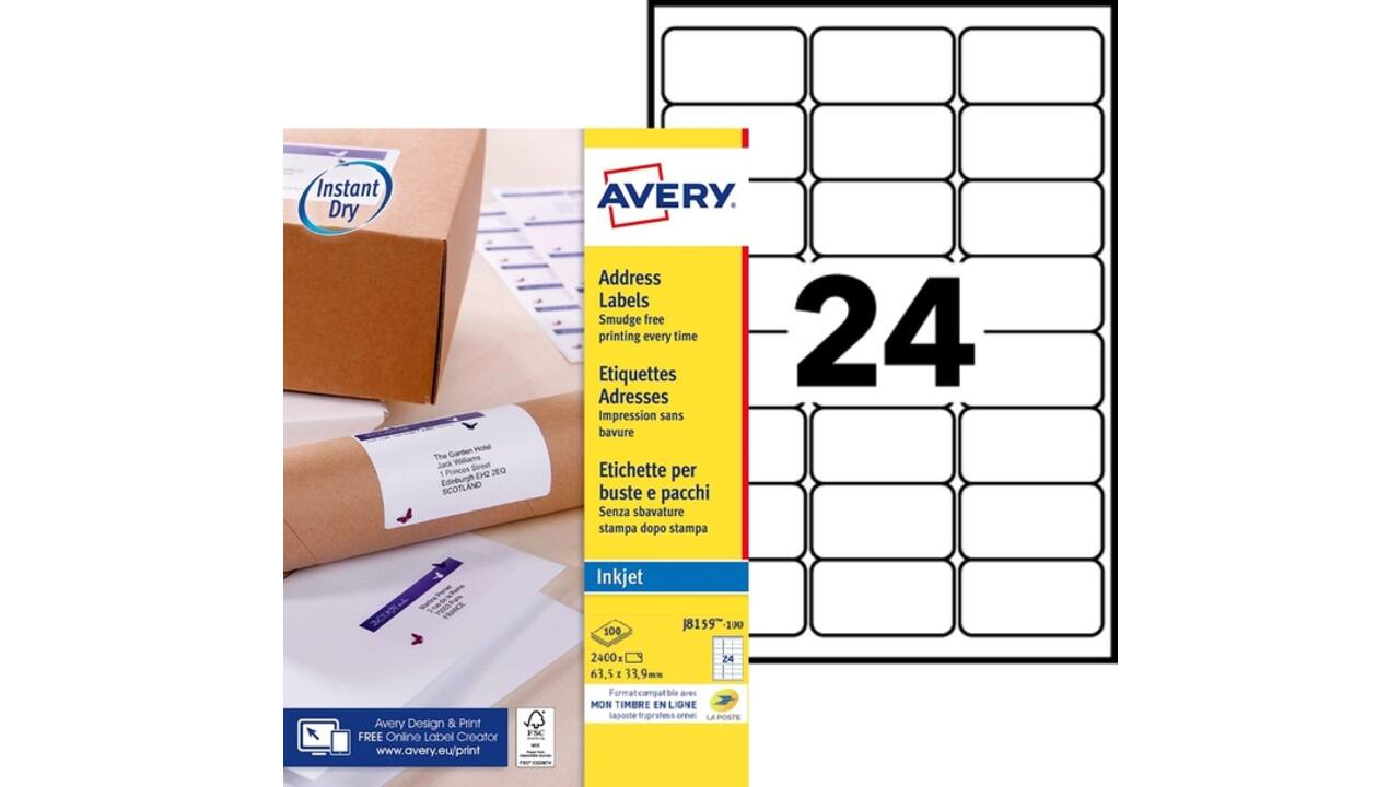 Etiket Avery J8159-100 63.5x33.9mm wit 2400 stuks