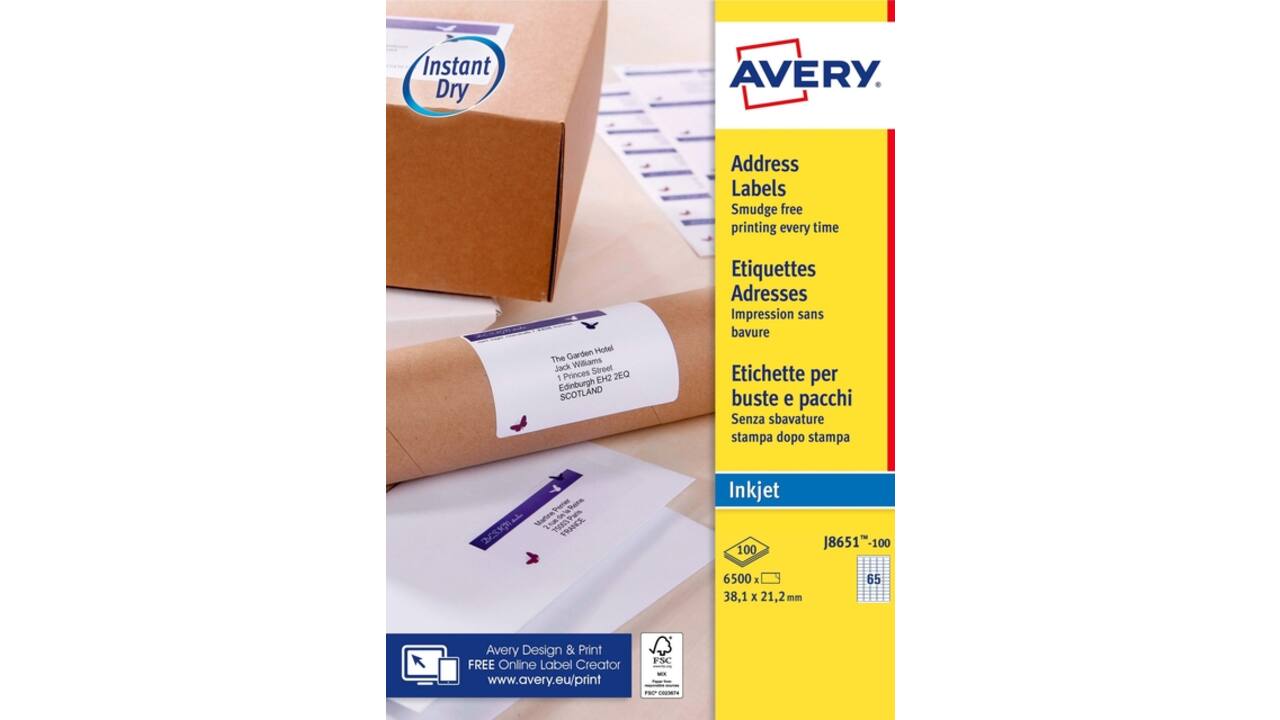 Etiket Avery J8651-100 38.1x21.2mm wit 6500 stuks