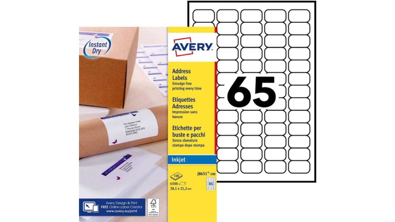 Etiket Avery J8651-100 38.1x21.2mm wit 6500 stuks