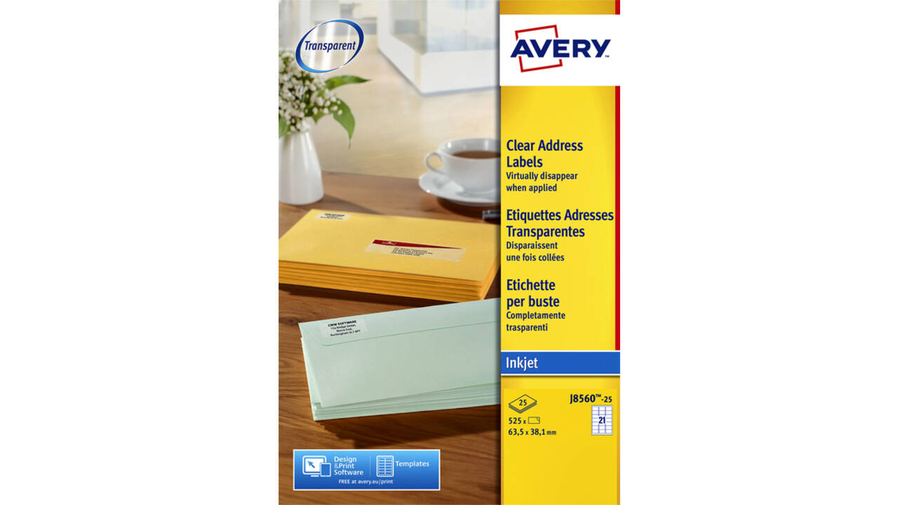Etiket Avery J8560-25 63.5x38.1mm transparant 525 stuks