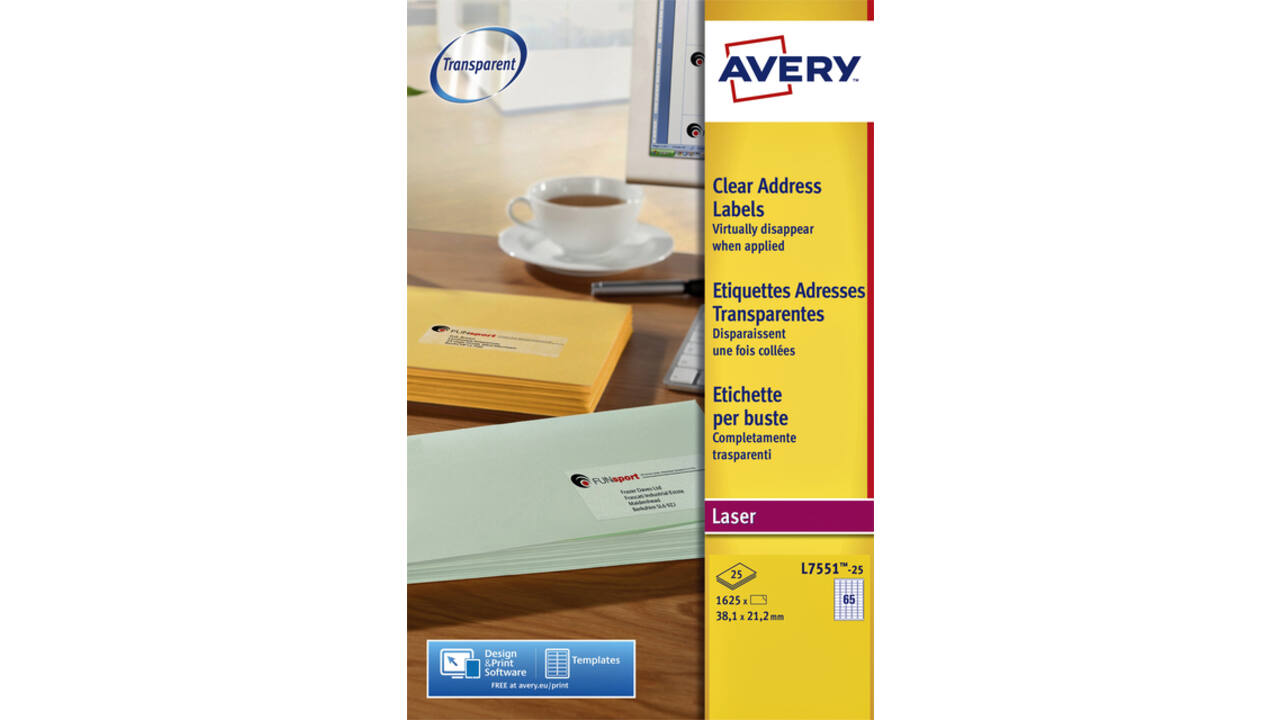 Etiket Avery L7551-25 38.1x21.1mm transparant 1625 stuks