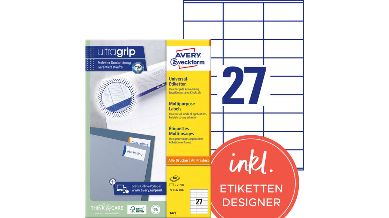 Etiket Avery 3479 70x32mm wit 2700 stuks