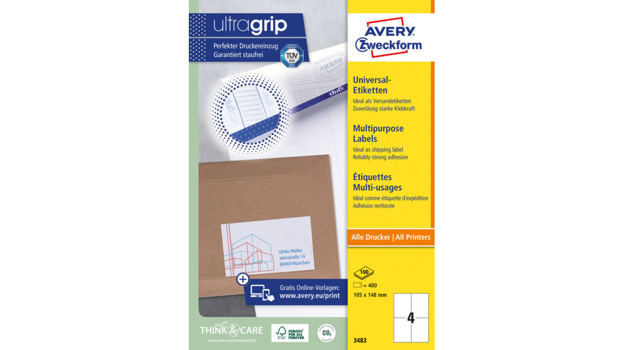 Etiket Avery 3483 105x148mm A6 wit 400 stuks