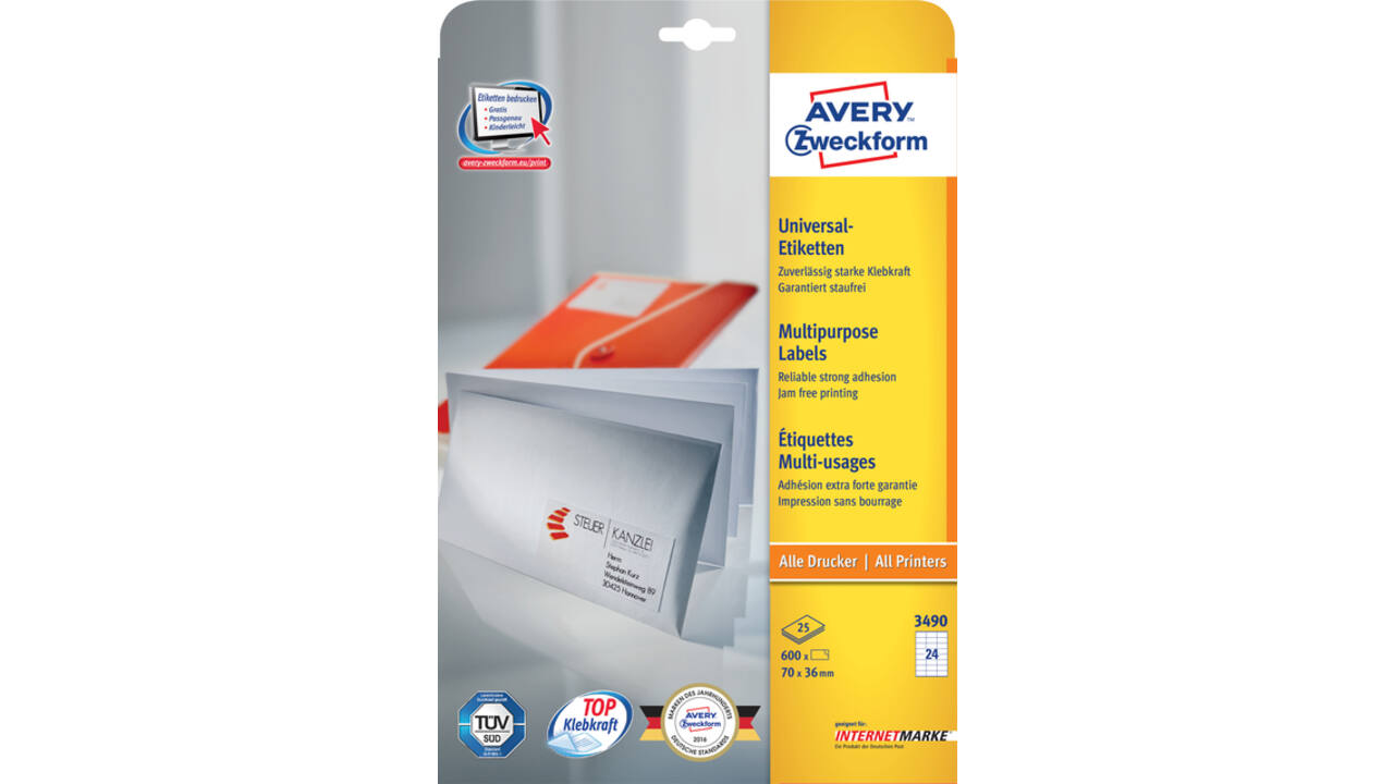 Etiket Avery 3490 70x36mm wit 600 stuks