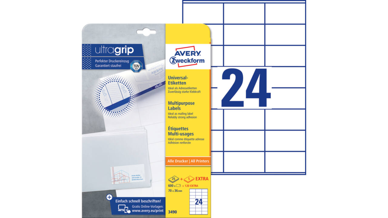 Etiket Avery 3490 70x36mm wit 600 stuks