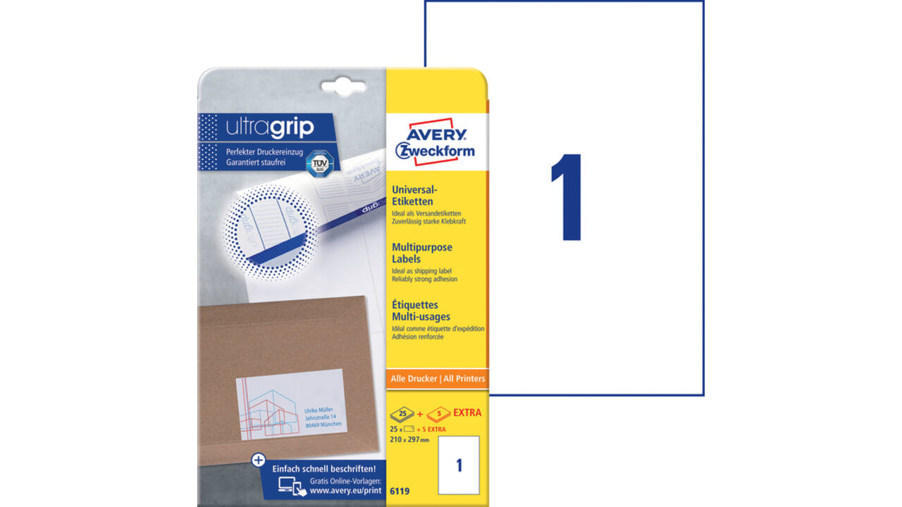 Etiket Avery 6119 210x297mm A4 wit 25 stuks
