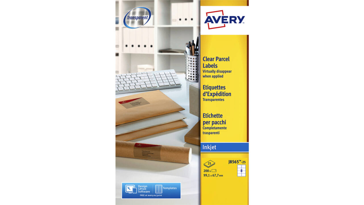 Etiket Avery J8565-25 99.1x67.7mm transparant 200 stuks