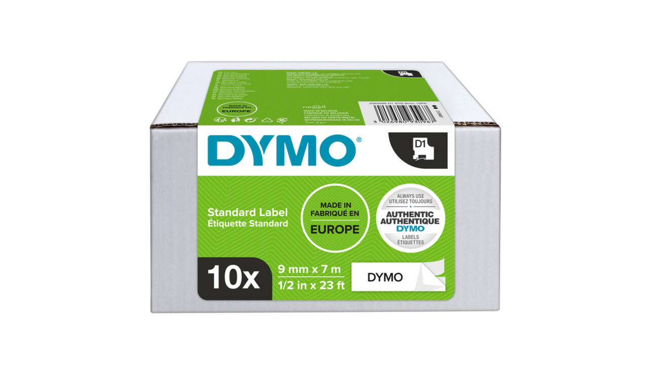Labeltape Dymo LabelManager D1 polyester 9mm zwart op wit 10 stuks