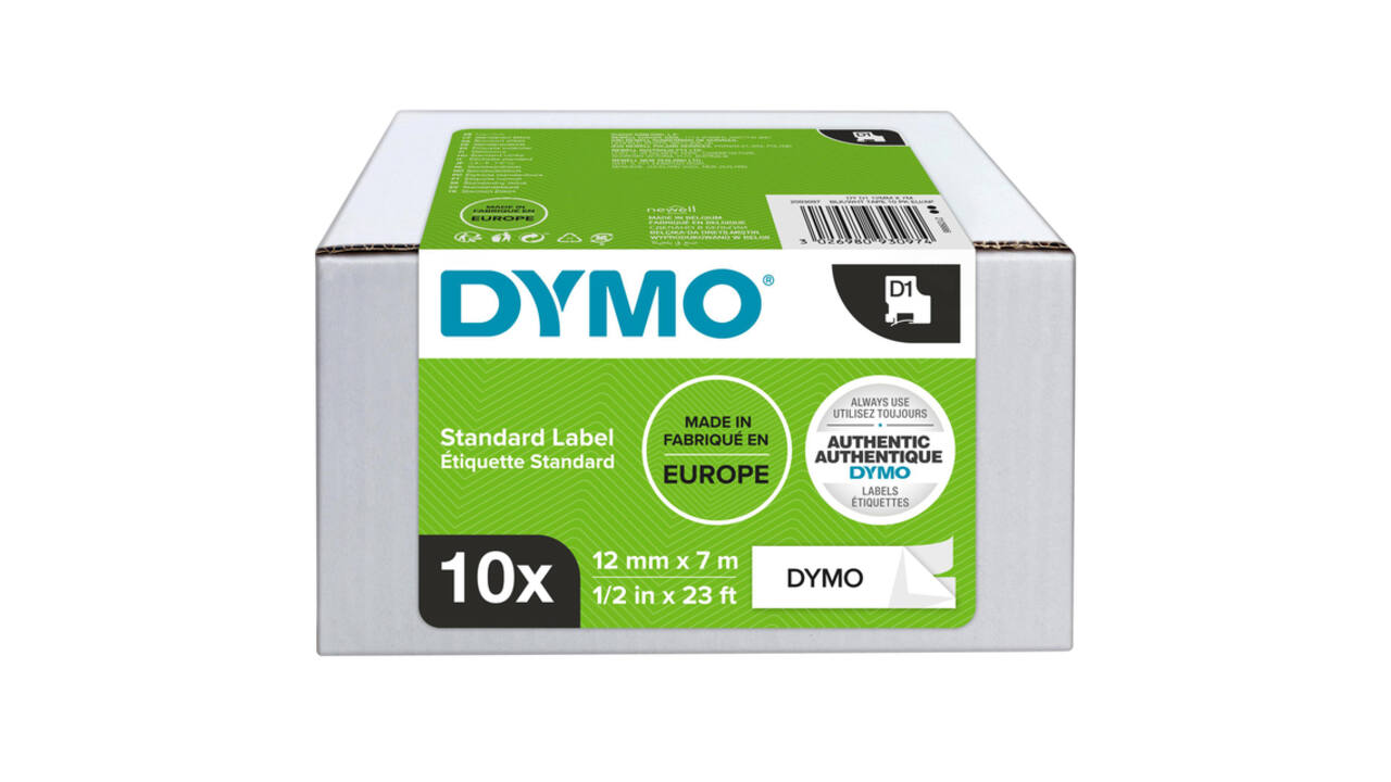 Labeltape Dymo LabelManager D1 polyester 12mm zwart op wit 10 stuks