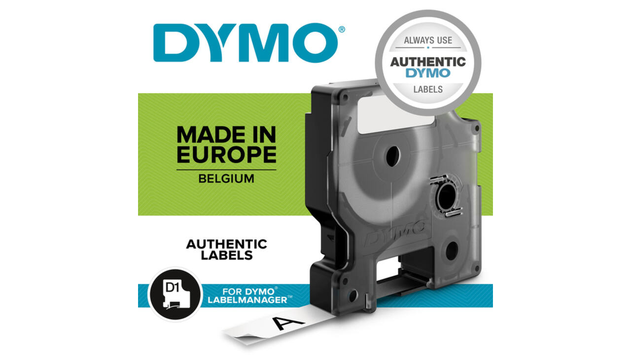 Labeltape Dymo LabelManager D1 polyester 12mm zwart op wit 10 stuks
