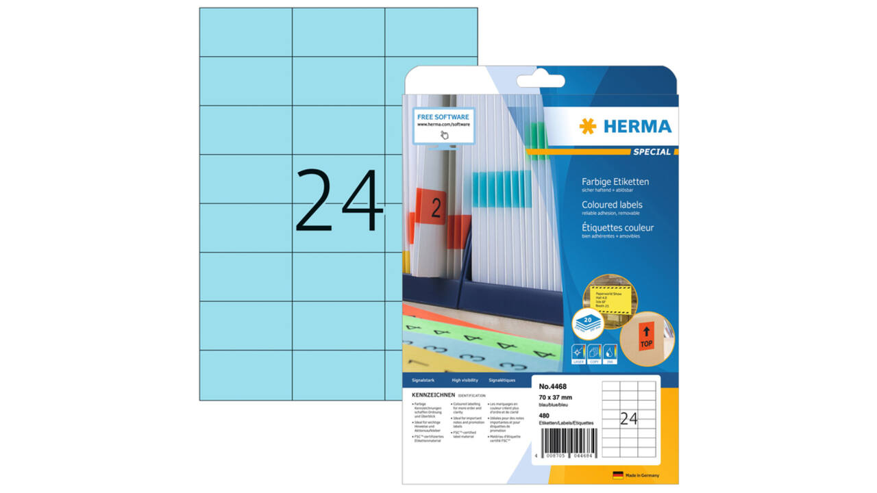 Etiket HERMA 4468 70x37mm verwijderbaar blauw 480 stuks