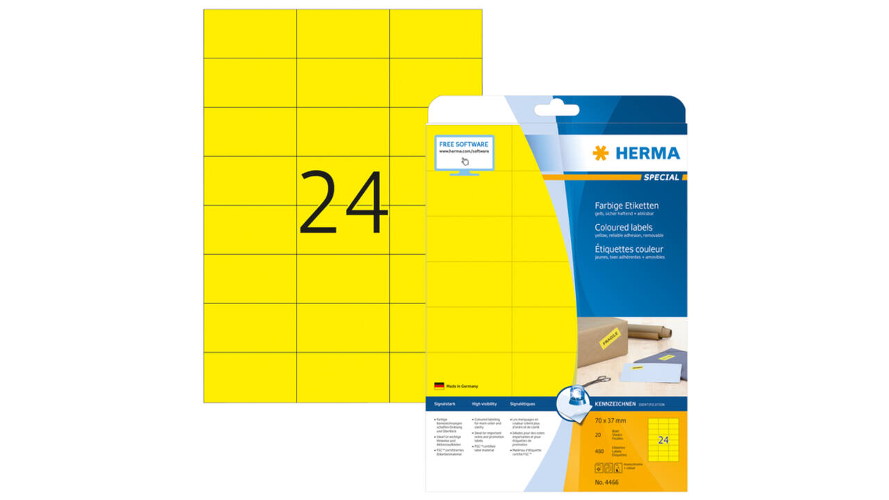 Etiket HERMA 4466 70x37mm verwijderbaar geel 480 stuks