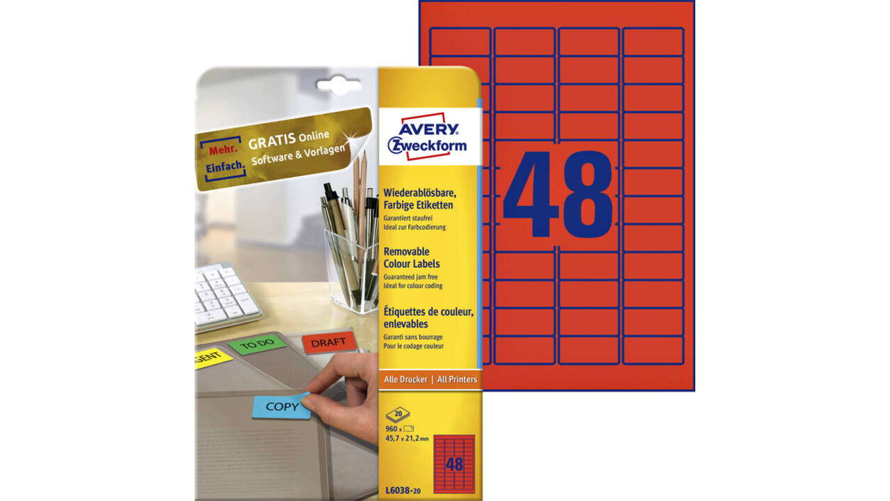 Etiket Avery L6038-20 45.7x21.2mm rood 960 stuks