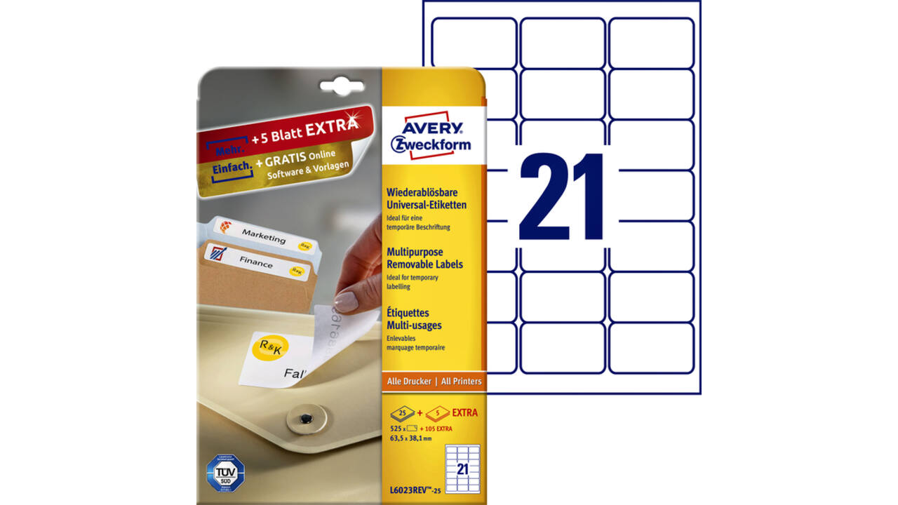 Etiket Avery L6023REV-25 63.5x38.1mm afneembaar wit 525 stuks