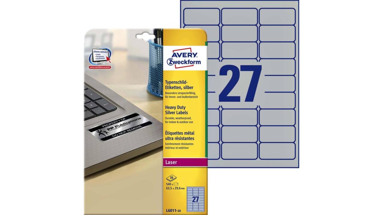 Etiket Avery L6011-20 63.5x29.6mm zilver 540 stuks