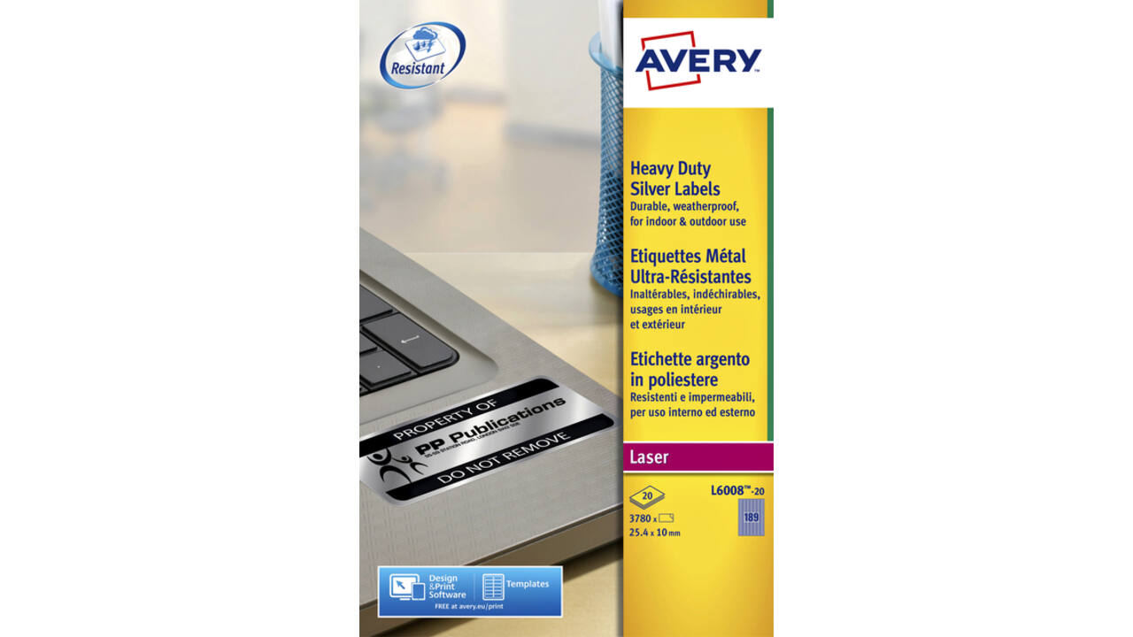 Etiket Avery L6008-20 25.4x10mm zilver 3780 stuks