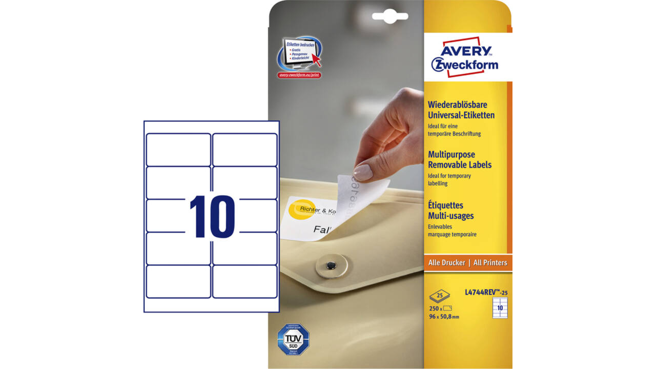 Etiket Avery L4744REV-25 96x50.8mm afneembaar wit 250 stuks