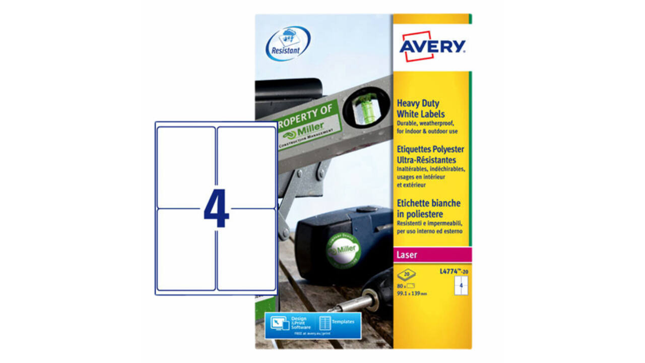 Etiket Avery L4774-20 99.1x139mm polyester wit 80 stuks