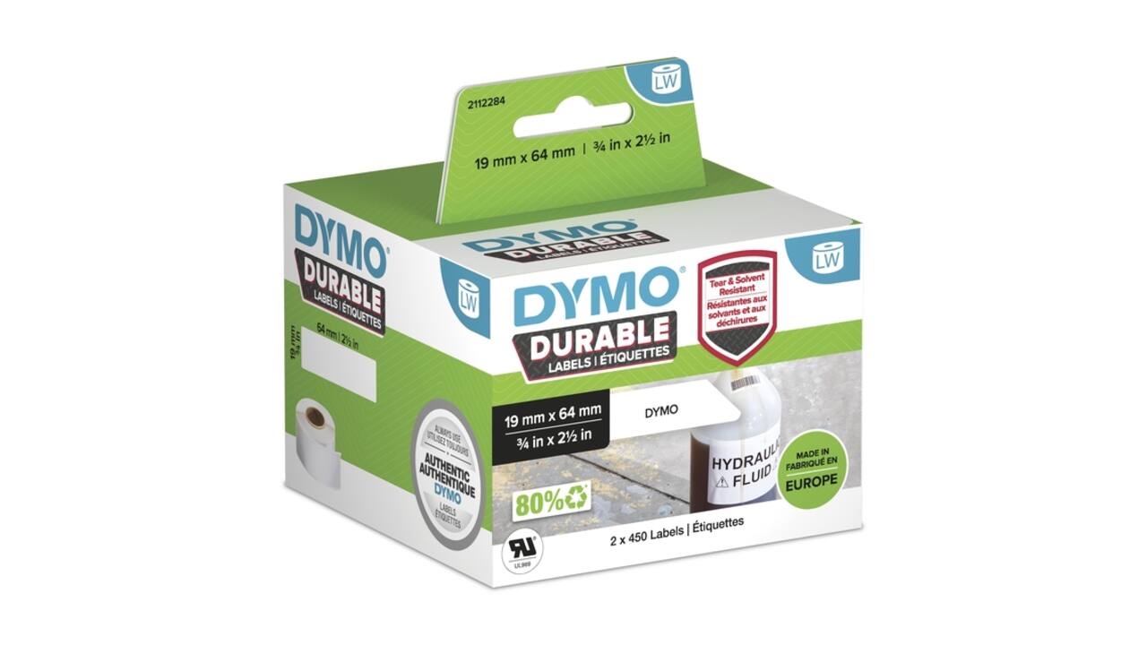 Etiket Dymo LabelWriter industrieel 19x64mm 2 rollen á 450 stuks wit