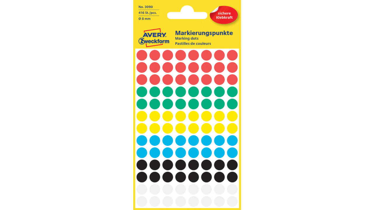 Etiket Avery 3090 rond 8mm assorti 416 stuks