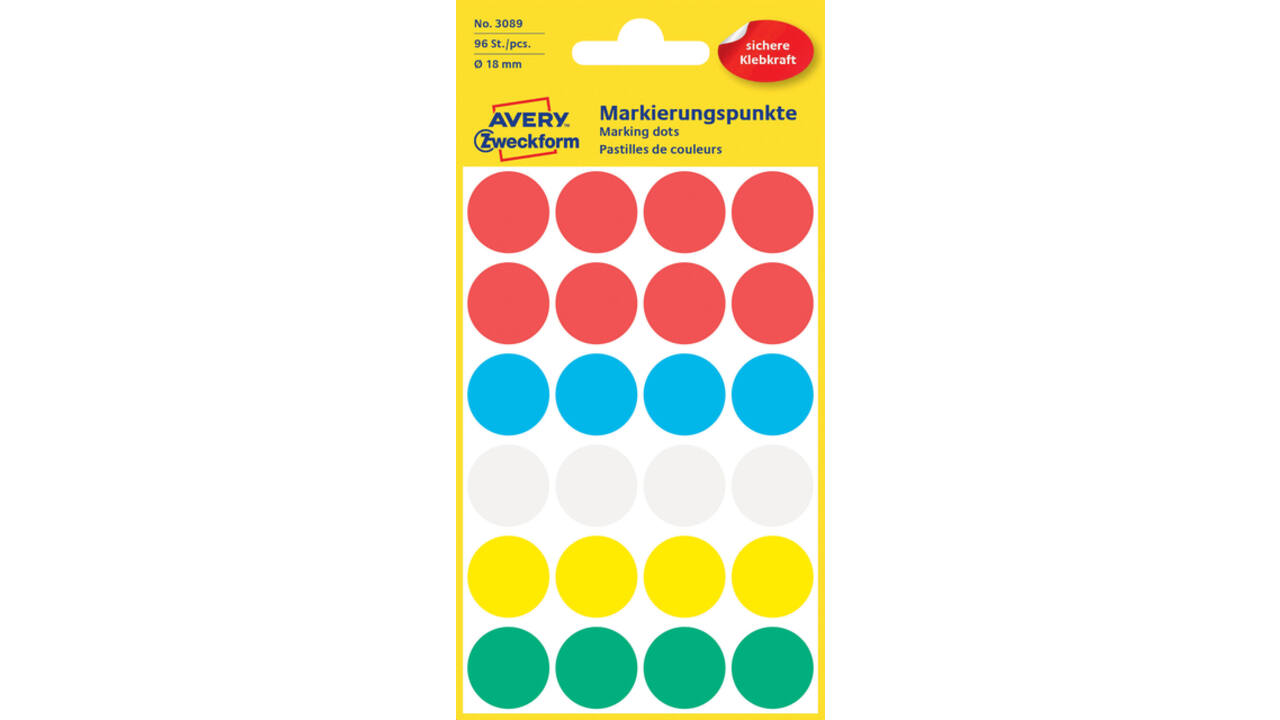 Etiket Avery 3089 rond 18mm assorti 96 stuks