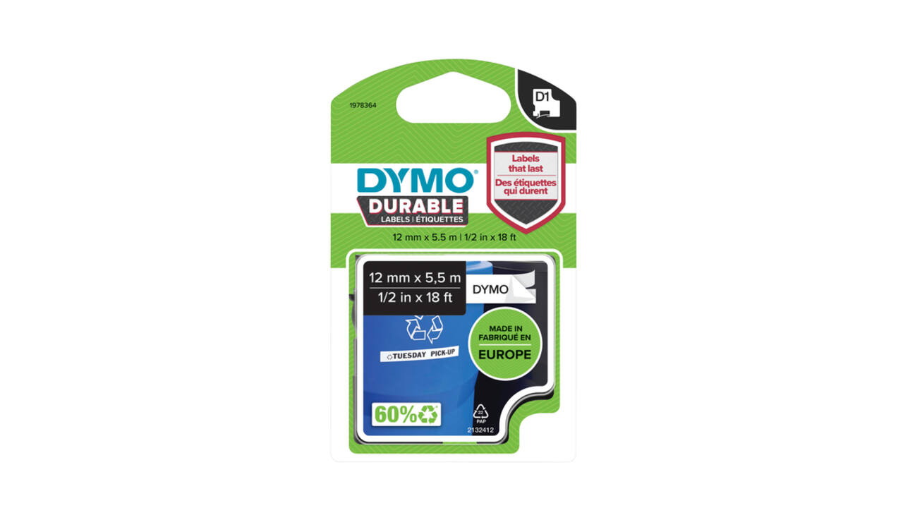 Labeltape Dymo LabelManager D1 polyester 12mm duurzaam zwart op wit