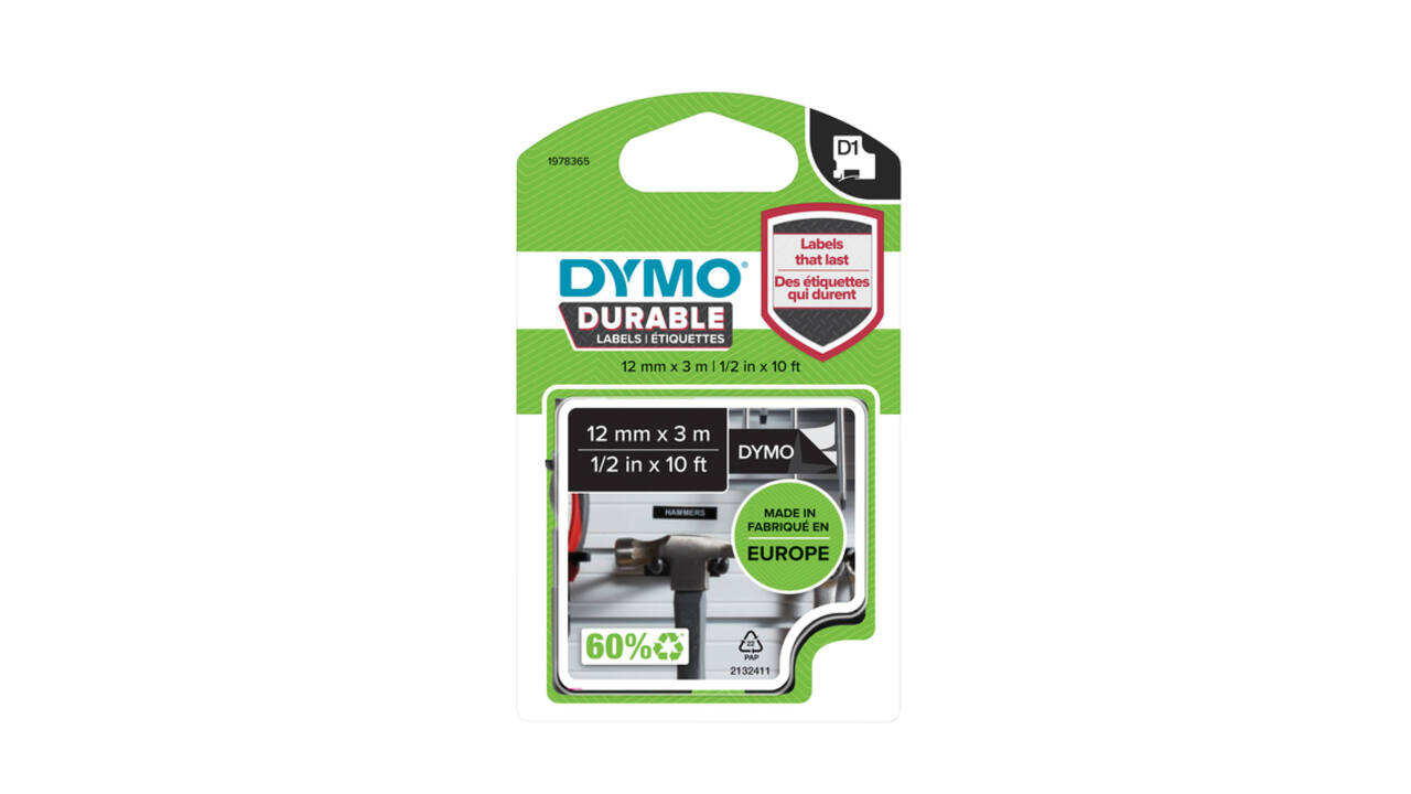 Labeltape Dymo LabelManager D1 polyester 12mm wit op zwart