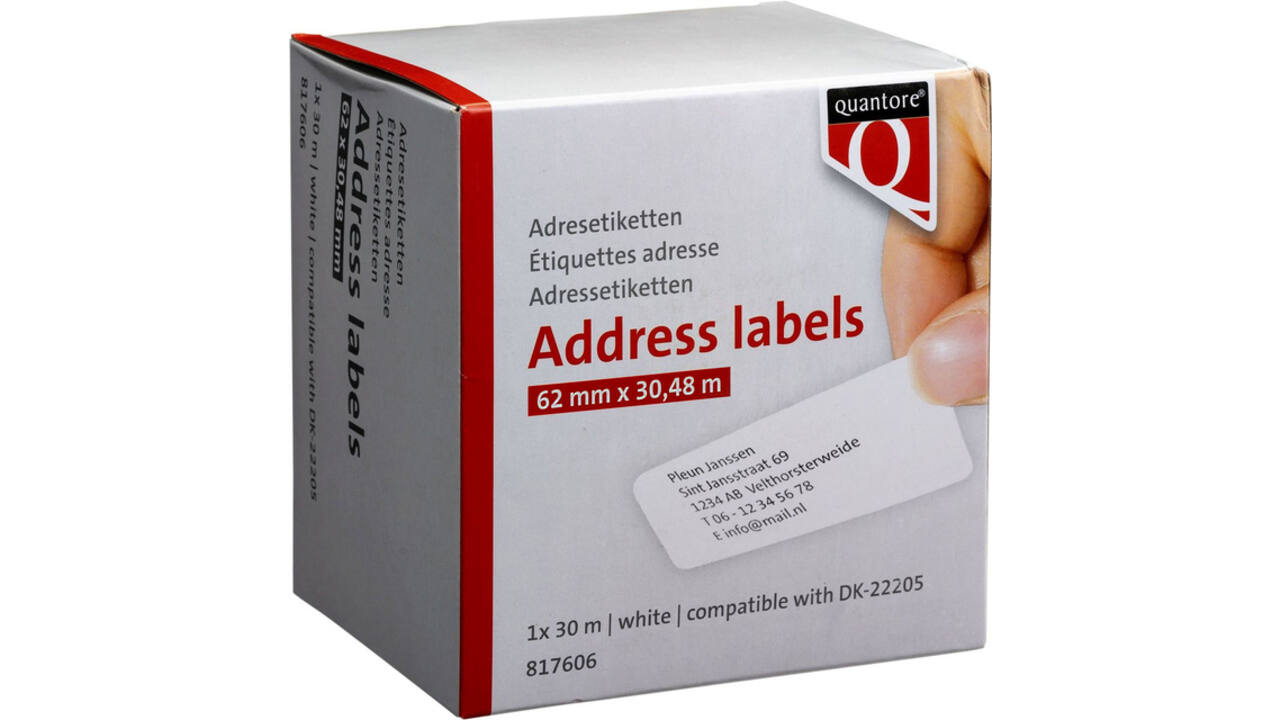 Labeletiket Quantore DK-22205 doorlopend 62mm 1 rol á 30m wit