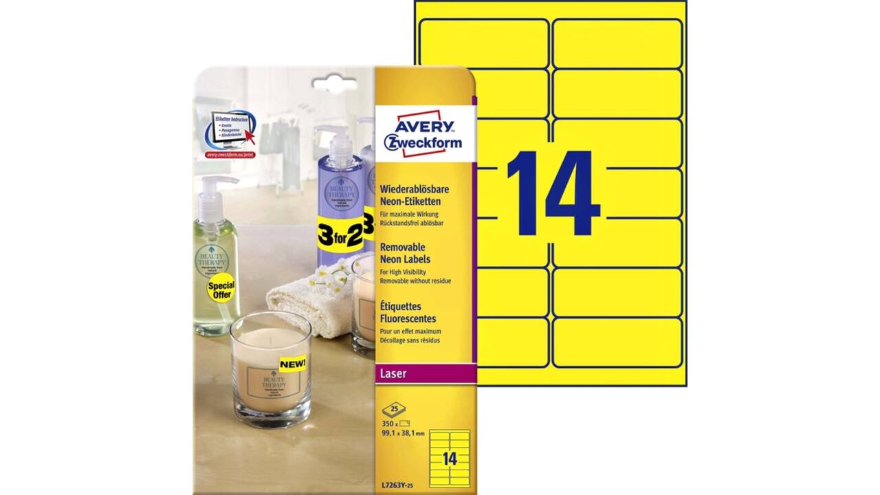 Etiket Avery L7263Y-100 99.1x38.1mm neon geel 1400 stuks
