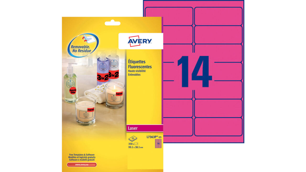 Etiket Avery L7363P-25 99.1x38.1mm neon roze 340 stuks