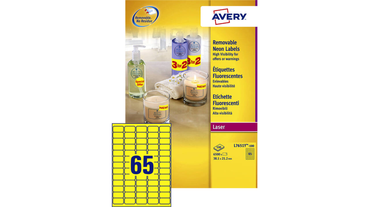 Etiket Avery L7651Y-100 38.1x21.2mm neon geel 6500 stuks
