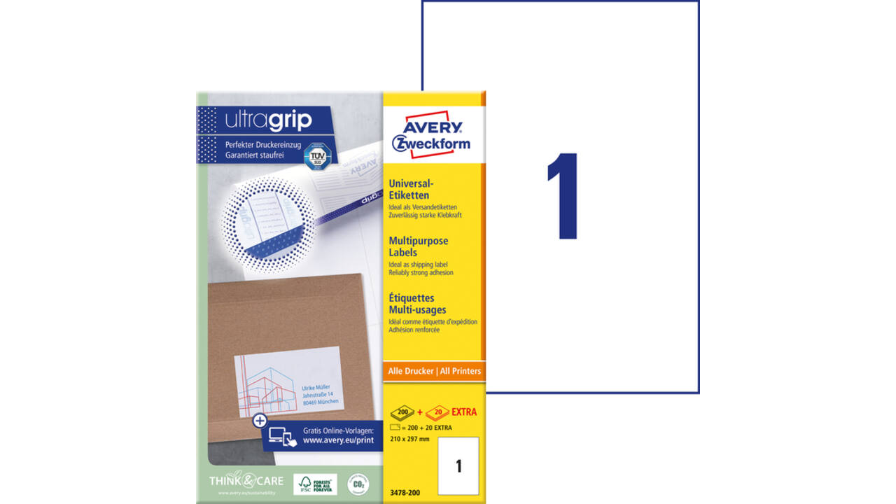 Etiket Avery 3478-200 210x297mm A4 wit 200 stuks