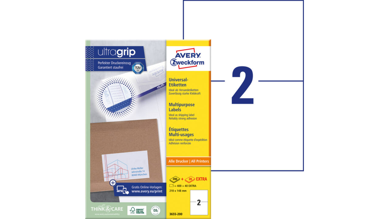 Etiket Avery 3655-200 210x148mm A5 wit 400 stuks