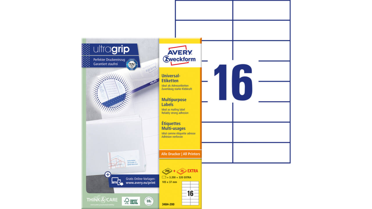 Etiket Avery 3484-200 105x37mm wit 3200 stuks