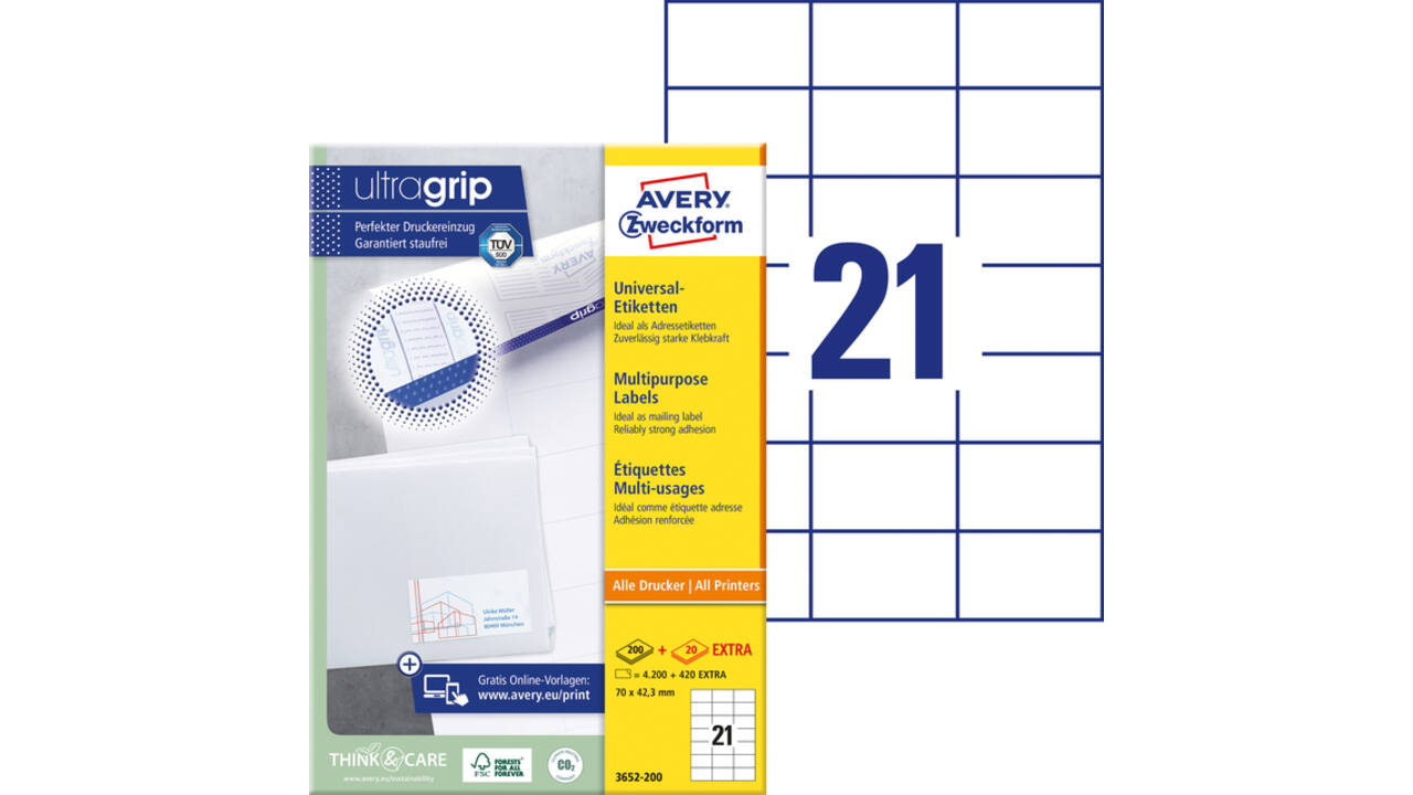 Etiket Avery 3652-200 70x42.3mm wit 4200 stuks