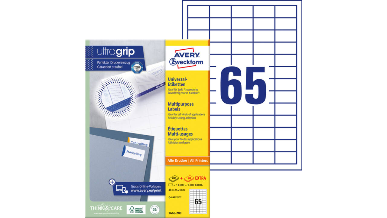 Etiket Avery 3666-200 38x21.2mm wit 13000 stuks