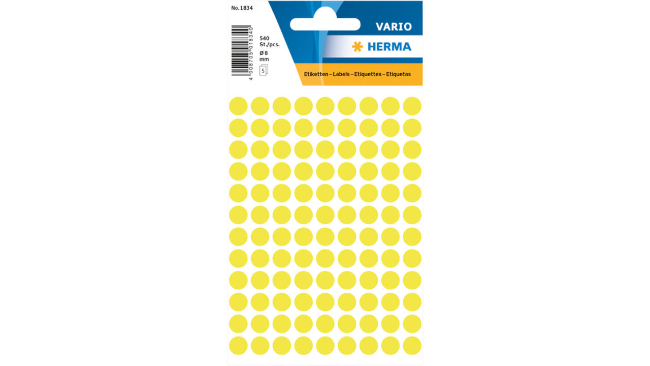 Etiket HERMA 1834 rond 8mm fluor geel 540 stuks