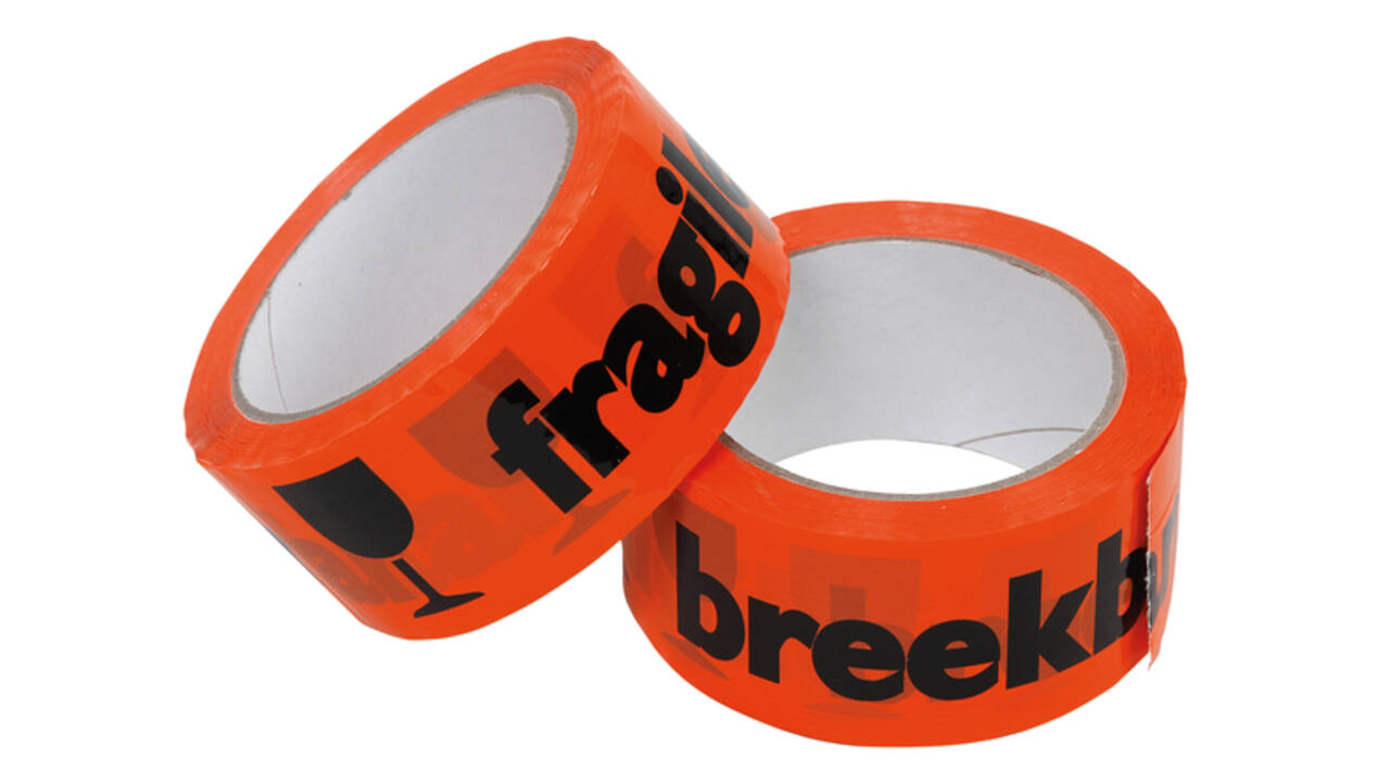 Waarschuwingstape IEZZY breekbaar 50mmx66m oranje/zwart